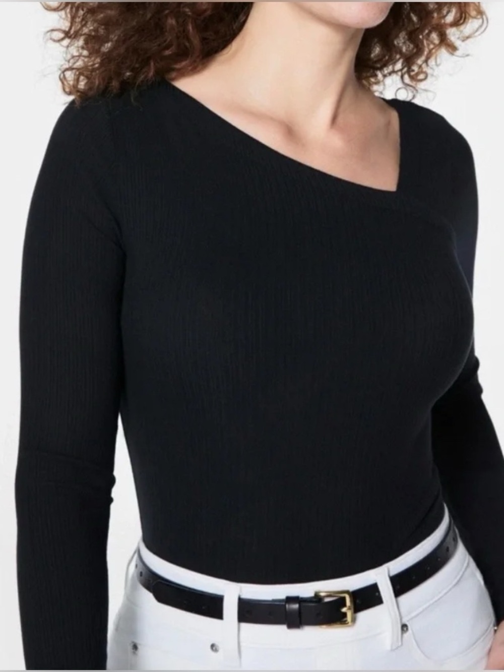 Spanx Ribbed Asymmetrical Neckline Stretch Long Sleeve Top Black Small